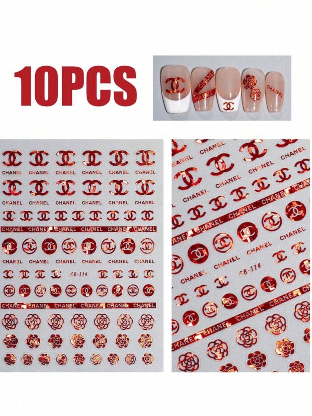 New 10pc Red Metallic Nail Art Sticker Sheet - Luxury Logo & Floral Accents